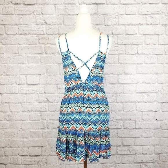 Umgee multi color v neck strappy back fit and flare dress women's size L  NWT - Picture 7 of 8